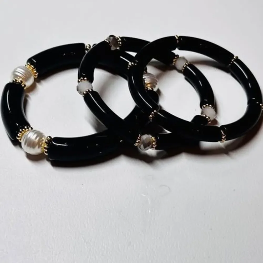 Chunky Black Acrylic Tube Bead Bracelet Stack Set | Boho Bamboo Style